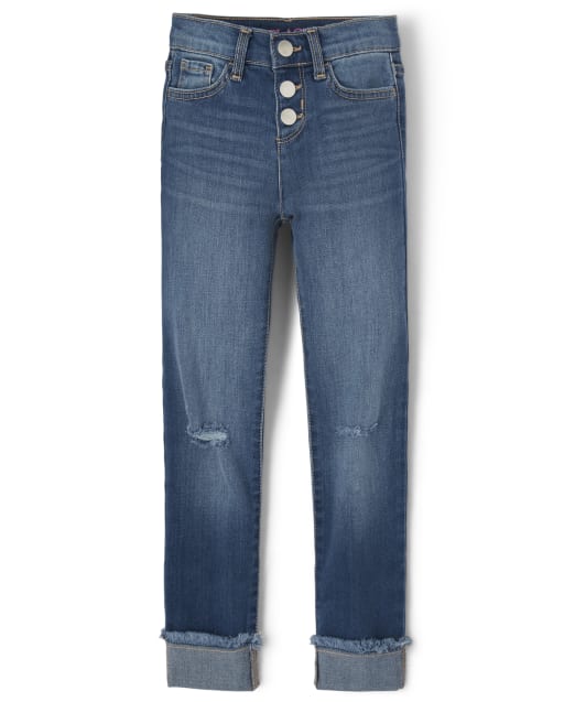 Girls Frayed Cuff Denim Straight Jeans