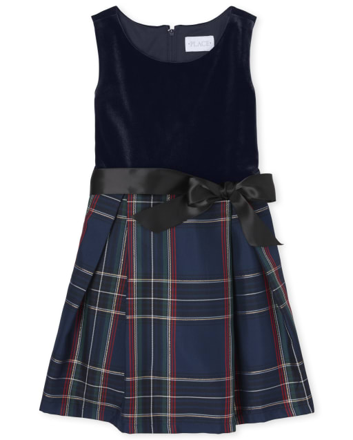 Girls Matching Family Velour Plaid Knit To Woven Dress
