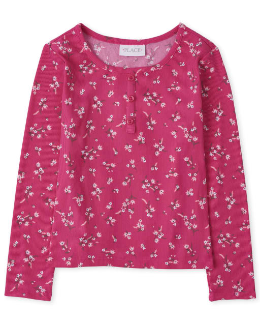 Girls Floral Rib Knit Henley Top