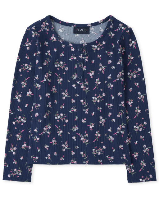 Girls Floral Rib Knit Henley Top