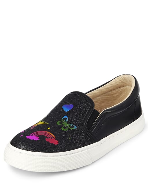 Zapatillas sin cordones con estampado de garabatos de arcoíris y purpurina para niñas
