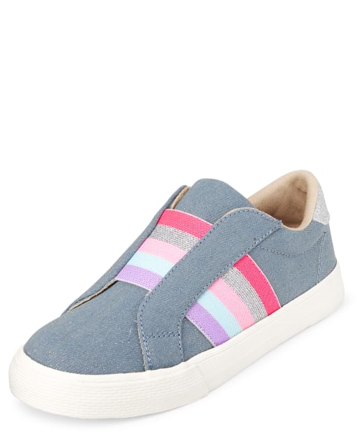 Zapatillas sin cordones de mezclilla a rayas con purpurina para niñas