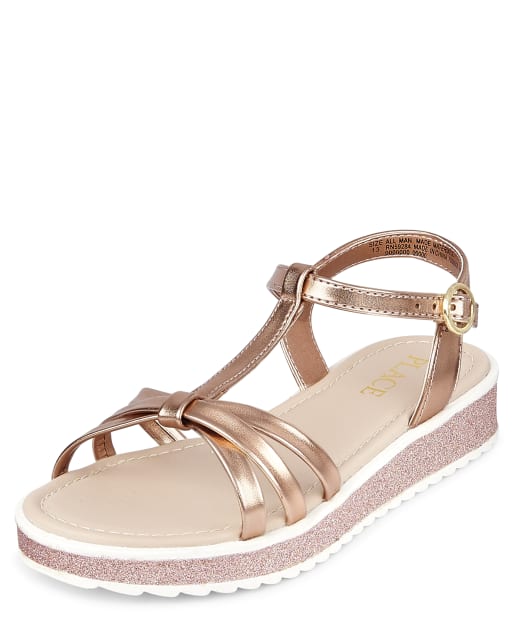 Girls Metallic T Strap Sandals