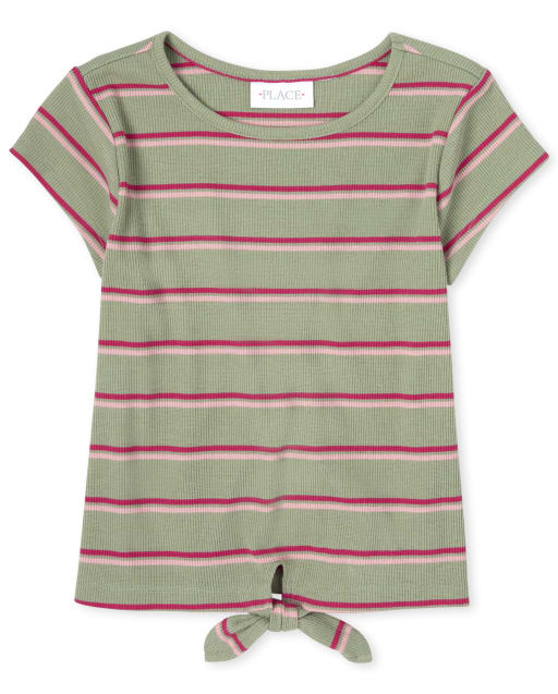 Girls Striped Ribbed Tie Front Top