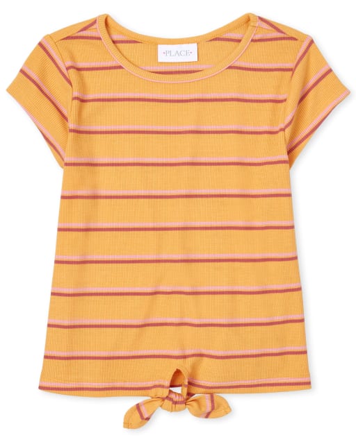 Girls Striped Ribbed Tie Front Top