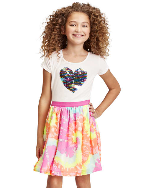 Girls Flip Sequin Heart Knit To Woven Dress