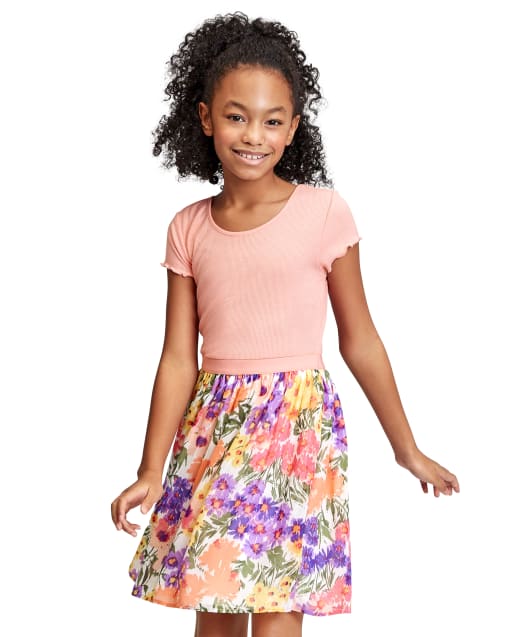Girls Floral Knit To Woven Dress