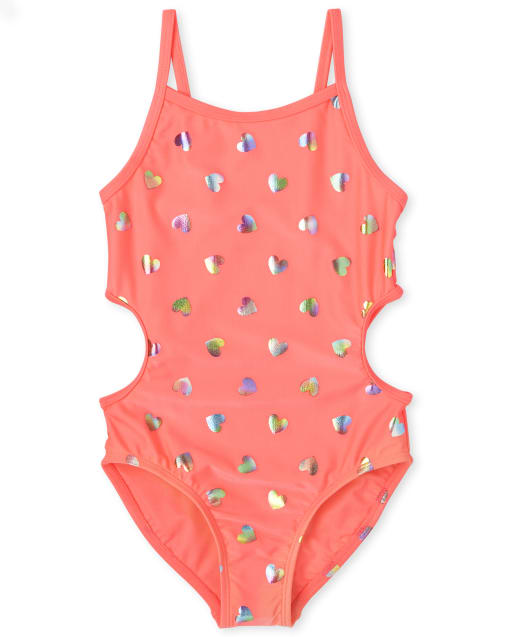 Girls Foil Hearts Cut Out One Piece Swimsuit
