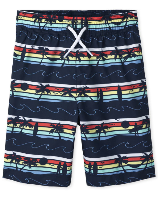 Boys Palm Tree Striped Swim Trunks