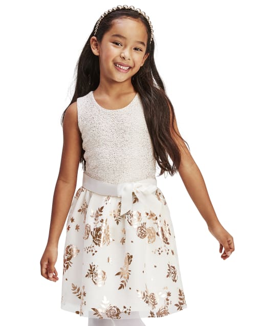 Girls Foil Rose Gold Knit To Woven Dress
