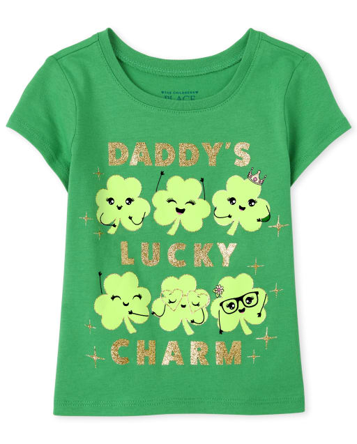 Baby And Toddler Girls St. Patrick's Day Short Sleeve Glitter 'Daddy's Lucky Charm' Graphic Tee