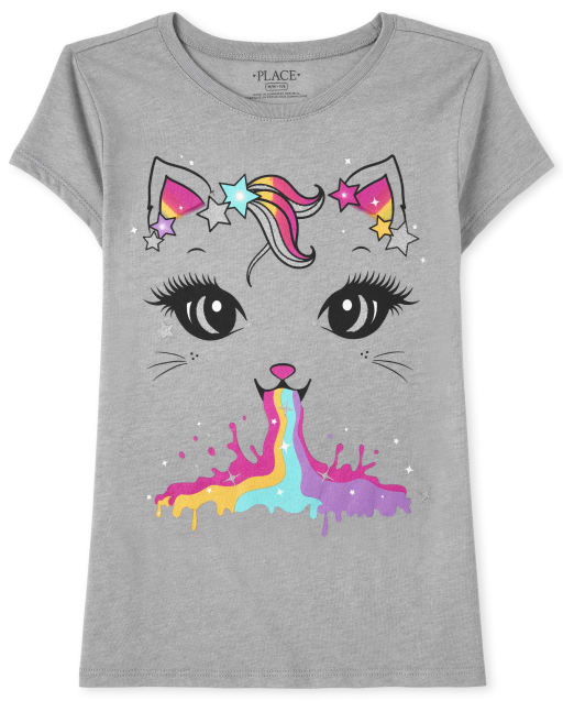 T-shirt graphique chat arc-en-ciel pour filles
