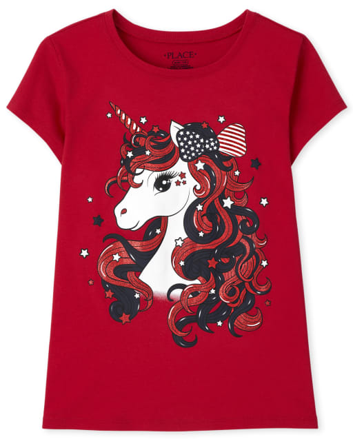 Camiseta de manga corta con gráfico de unicornio Americana para niñas