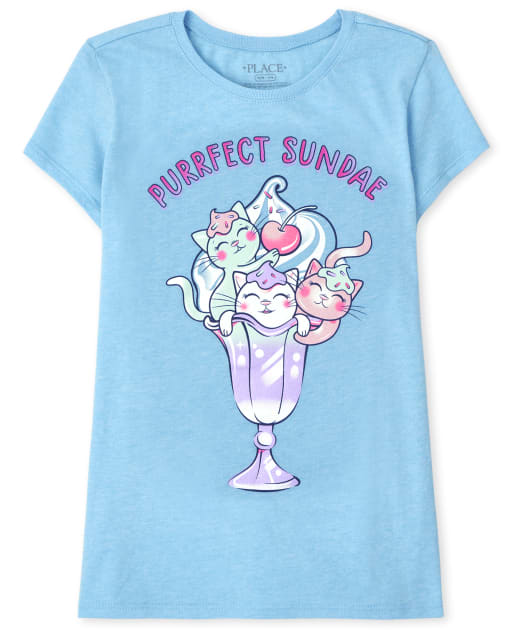 Camiseta con estampado de helado de gato para niñas