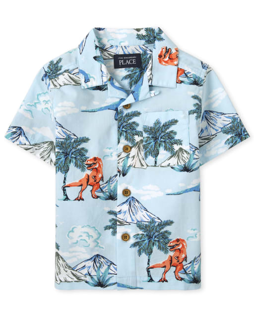 Camisa de popelina con botones de dinosaurio tropical para bebés y niños pequeños