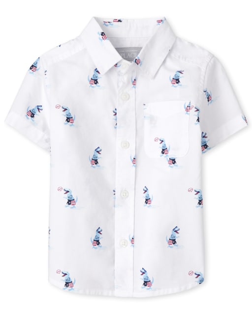 Baby And Toddler Boys Americana Short Sleeve Dino Print Poplin Button Down Shirt