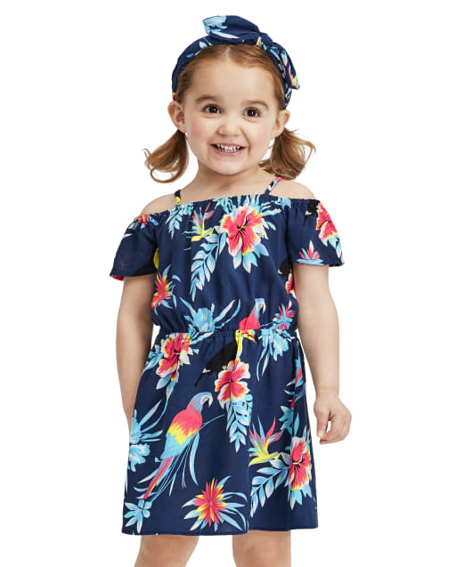 Baby And Toddler Girls Matching Family Short Sleeve Tropical Toucan Print Woven Off Shoulder Dress