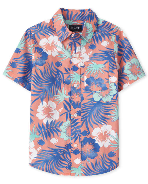 Boys Dad And Me Tropical Poplin Button Up Shirt