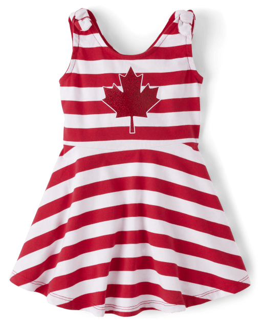 Toddler Girls Striped Glitter Maple Leaf Tie Shoulder Dress