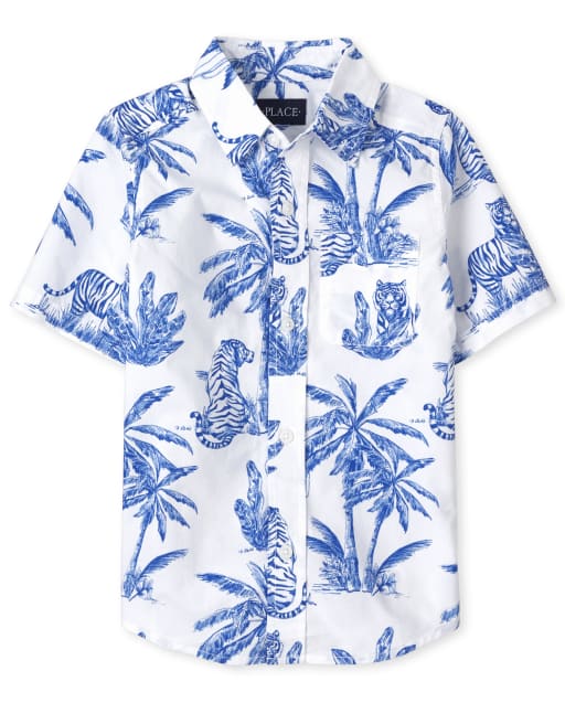 Camisa con botones de popelín con palmeras para niños