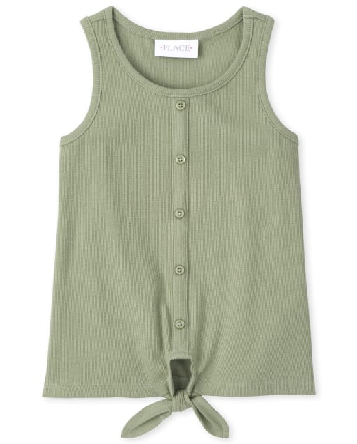 Girls Ribbed Button Tie Front Tank Top