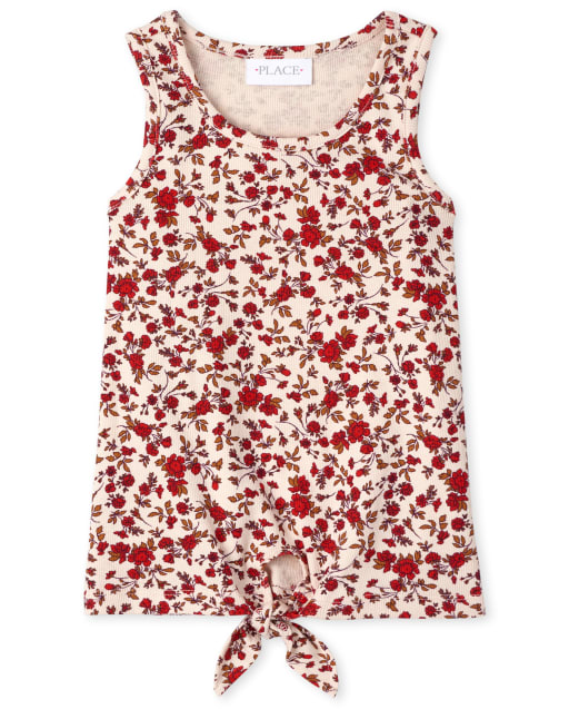 Girls Floral Ribbed Tie Front Tank Top
