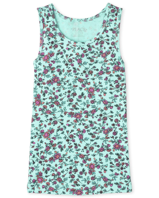 Camiseta sin mangas de canalé floral para niñas