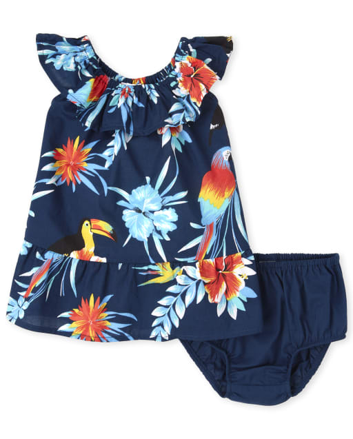 Baby Girls Matching Family Short Sleeve Tropical Print Woven Ruffle Dress And Bloomers Set