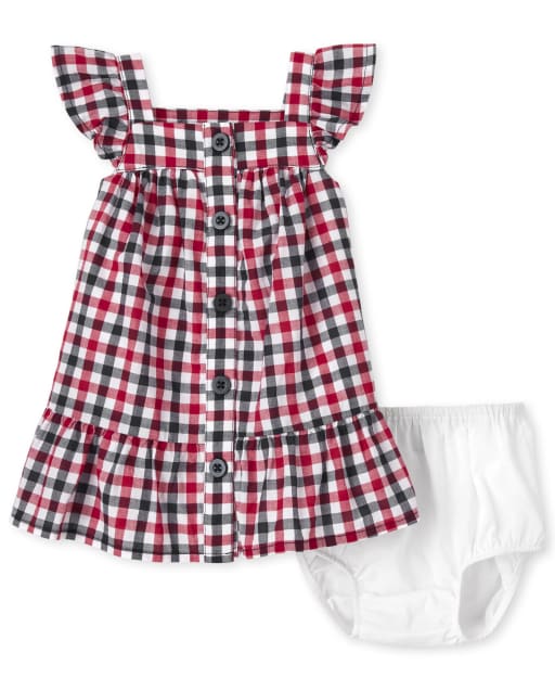 Baby Girls Americana Short Sleeve Gingham Woven Ruffle Dress And Bloomers Set