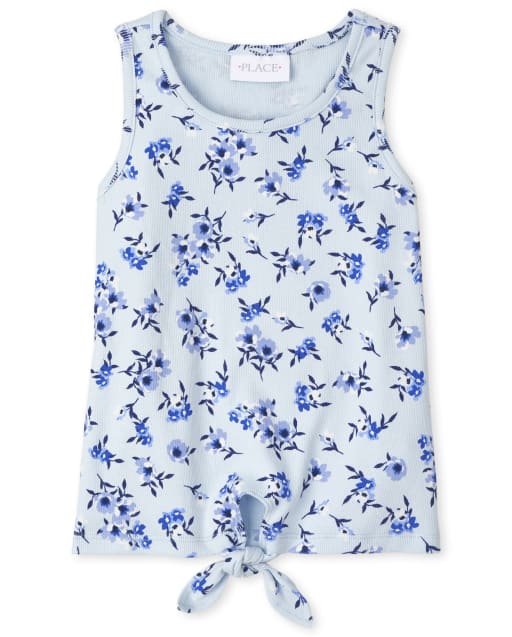 Girls Floral Ribbed Tie Front Tank Top