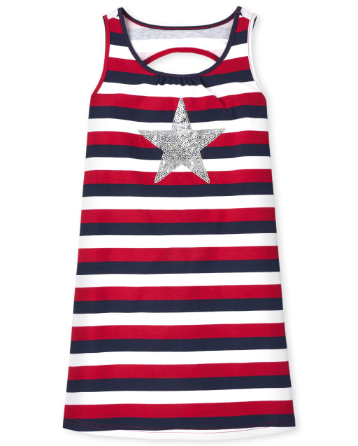 Girls Americana Sleeveless Star Graphic Striped Knit Cut Out Dress