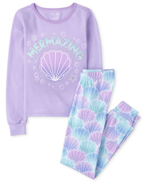 Pijama de algodón ajustado con diseño de sirena para niñas