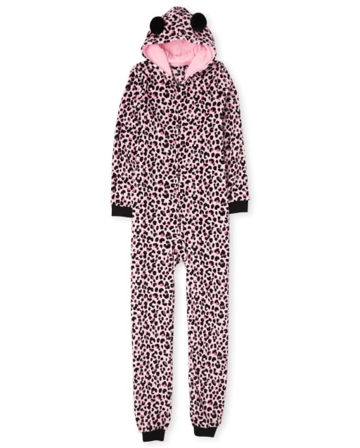 Pijama de una pieza de forro polar con estampado de leopardo para mamá y yo para mujer