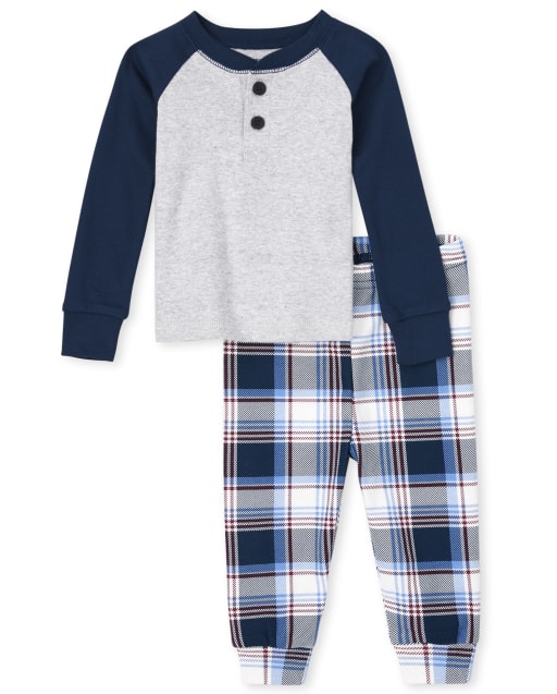 Pijamas de algodón ajustados a cuadros raglán para bebés y niños pequeños