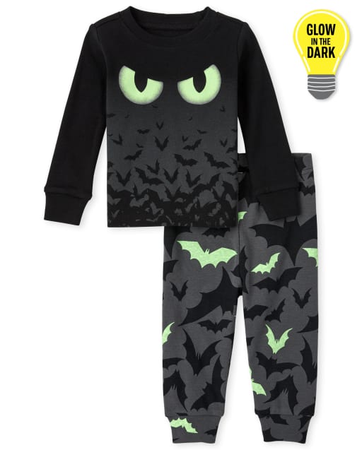 Pijama unisex de algodón ajustado con murciélagos brillantes para bebés y niños pequeños