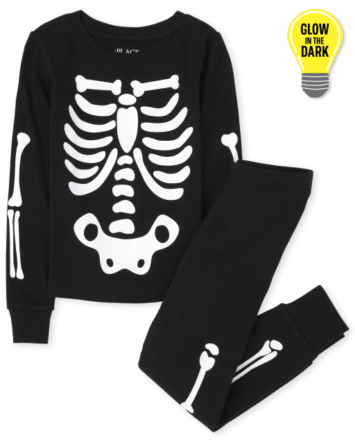Unisex Kids Matching Family Long Sleeve Glow In The Dark Skeleton Snug Fit Cotton One Piece Pajamas