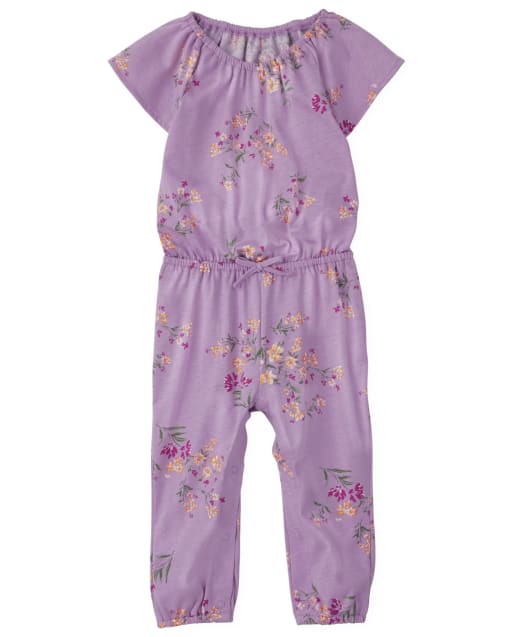 Baby And Toddler Girls Short Sleeve Floral Print Knit Flutter Jumpsuit