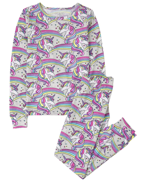 Girls Long Sleeve Unicorn Rainbow Print Snug Fit Cotton Pajamas