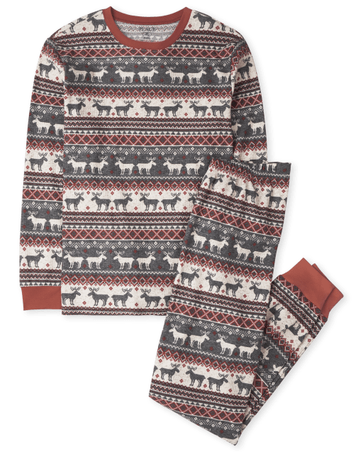 Unisex Adult Matching Family Christmas Long Sleeve Thermal Reindeer Fairisle Print Cotton Pajamas