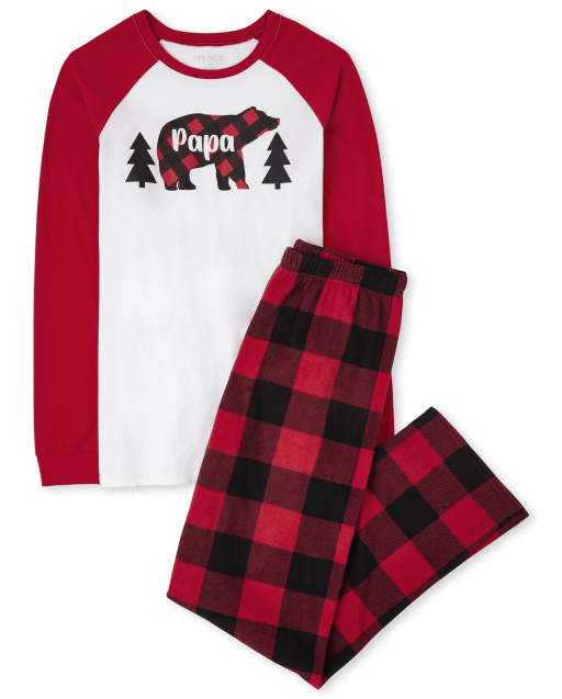 Mens Matching Family Christmas Long Raglan Sleeve Bear Buffalo Plaid Cotton Top And Fleece Pants Pajamas