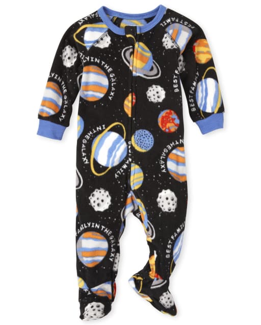 Baby And Toddler Boys Long Sleeve Space Print Fleece Footed One Piece Pajamas