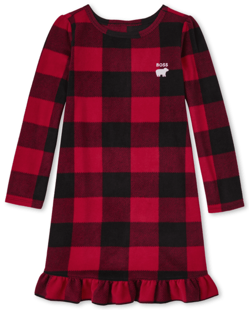 Girls Matching Family Bear Buffalo Plaid Fleece Nightgown