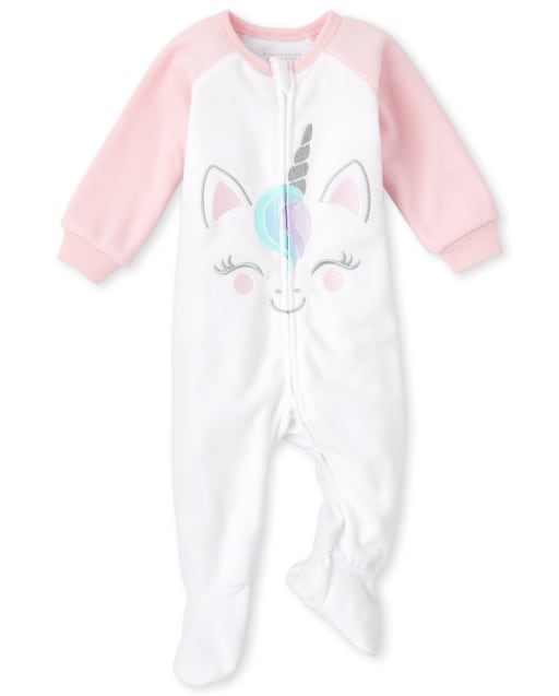 Pijamas de una pieza de forro polar con cara de unicornio para bebés y niñas pequeñas