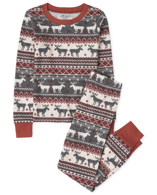 Unisex Kids Matching Family Christmas Long Sleeve Thermal Reindeer Fairisle Print Snug Fit Cotton Pajamas