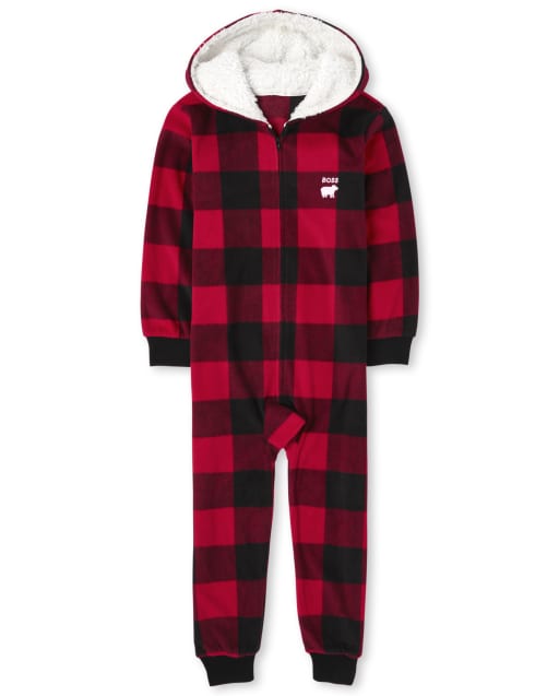 Kids Matching Family Bear Buffalo Plaid Fleece One Piece Pajamas