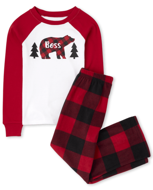 Unisex Kids Matching Family Bear Buffalo Plaid Snug Fit Cotton And Fleece Pajamas