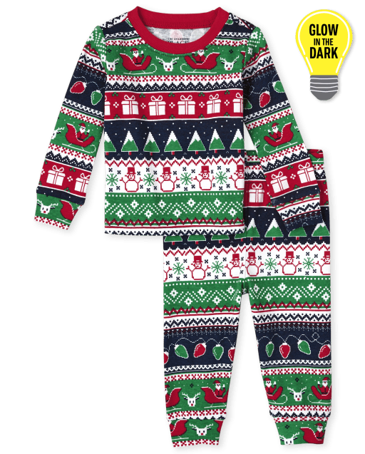 Unisex Baby And Toddler Christmas Long Sleeve Glow In The Dark Christmas Fairisle Snug Fit Cotton Pajamas