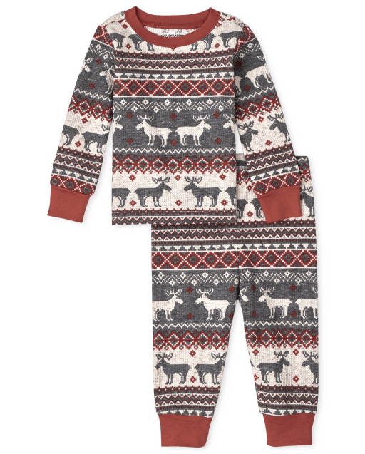 Unisex Baby And Toddler Matching Family Christmas Long Sleeve Thermal Reindeer Fairisle Print Snug Fit Cotton Pajamas