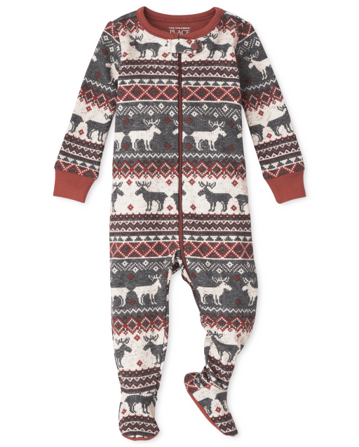 Pijama unisex de algodón de una pieza para bebés y niños pequeños a juego con reno térmico Fairisle