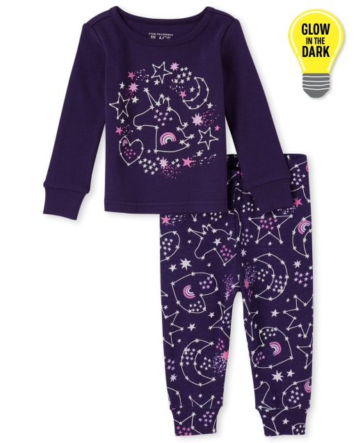 Pyjama en coton ajusté à motif licorne scintillante pour bébés et petites filles